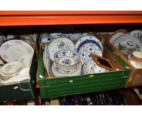 FIVE BOXES OF ASSORTED PART TEA AND DINNER WARES, including Royal Doulton Expressions 'Strawberry Fayre' part tea set, a smal