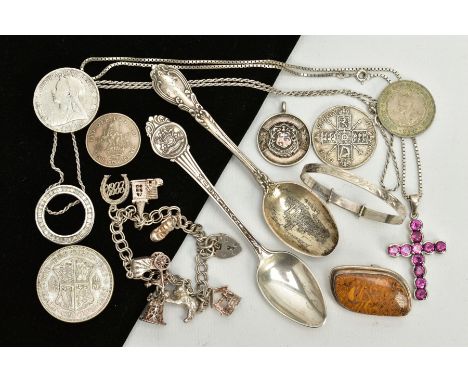 A SELECTION OF ITEMS, to include a silver teaspoon, with an engraved picture of Kirkstall abbey, Leeds to the bowl, hallmarke