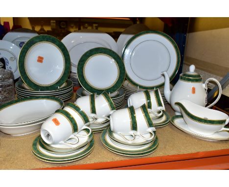 A ST ANDREWS BONE CHINA 'GREEN MARBLE' PATTERN DINNER SERVICE, comprising a coffee pot, eight cups, eight saucers, eight side