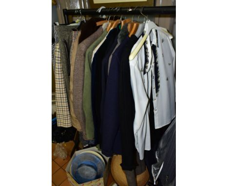 VARIOUS LADIES/GENTS COATS, JACKETS, SUITS, BLOUSES, SKIRTS, HATS, SHOES etc, to include Jacques Vert blouse, two Geiger wool