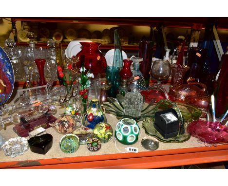 A GROUP OF GLASSWARE INCLUDING COLOURED ITEMS, two ships in bottles, various modern paperweights, glass flowers, Murano Somme