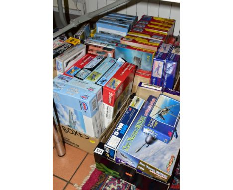 A QUANTITY OF BOXED UNBUILT PLASTIC CONSTRUCTION KITS, majority are assorted military aircraft, assorted scales, markers incl