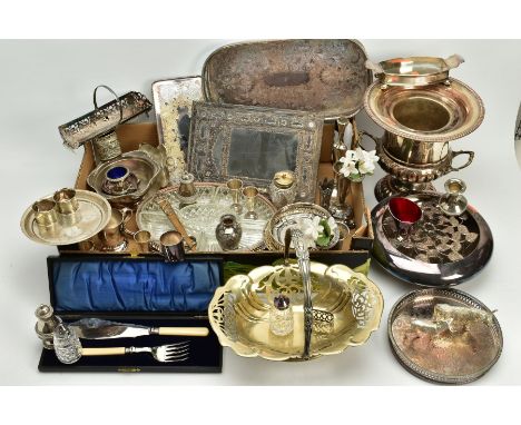 A BOX OF METALWARE, to include a cased EPNS, fish knife and fork, a silver plated on copper circular slaver with an engraved 