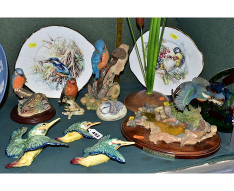 A SET OF THREE BESWICK KINGFISHER WALL PLAQUES AND OTHER BIRD ORNAMENTS, etc, the wall plaques model Nos 729-1,2 and 3, green