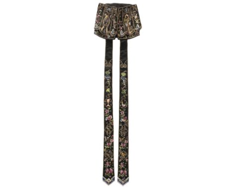 * Chinese. An embroidered Chinese Cap, circa 1900, hand-stitched cube-shaped cap, with scallop-edged flaps on each side and 2