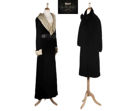 * Philippe et Gaston. A rare couture evening coat, Paris, 1930s, black silk velvet knee-length unstructured coat, with three-