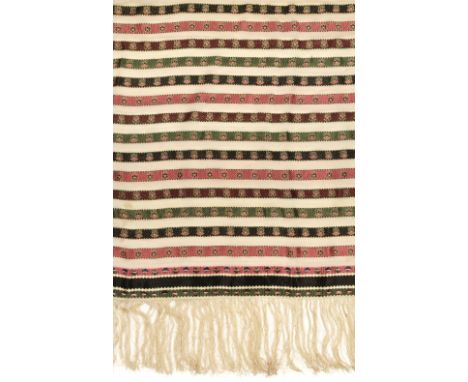 * Shawl. A woven silk satin and gauze shawl, circa 1810-1820, shawl of green, black, brown, and pink silk satin stripes woven