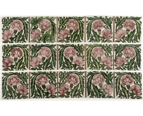 * Tiles. A collection of 15 William De Morgan ‘Carnation’ pattern pottery tiles, the foliate decorated tiles in aubergine and