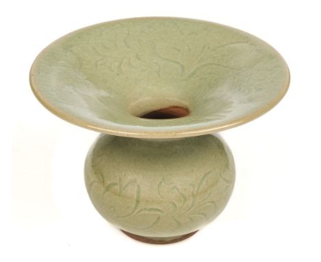 * Chinese Spittoon. Early 20th-century Chinese celadon pottery spittoon, with incised scroll decoration, 9.5cm high x 13cm di
