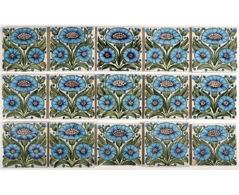 * Tiles. William De Morgan ‘Bedford Park Daisy’ pattern pottery tiles, floral decorated in blue, green and aubergine, 5 stamp