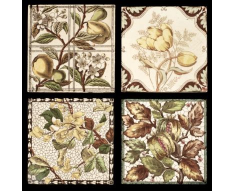* Tiles. Mixed collection of Victorian pottery tiles, mostly floral aesthetic designs plus geometric and a blue and white til