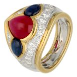 18K bicolour gold ring set with approx. 0.56 ct. diamonds, ruby and sapphire
