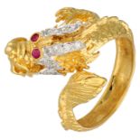 18K yellow gold dragon ring set with approx. 0.22 ct. diamond and ruby