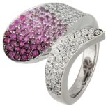 14K White gold stylized snake ring with pink sapphire and diamond