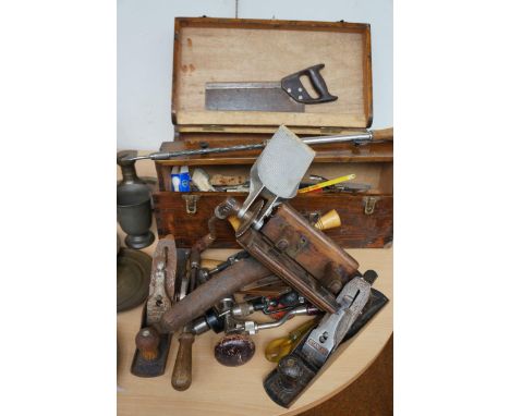 Carpenters tools box with tools (some vintage)