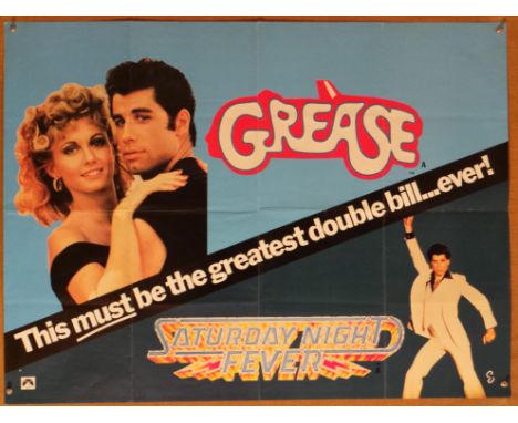 Grease / Saturday Night Fever (1978) British double bill Quad film poster, starring John Travolta, folded, 30 x 40 inches.Con