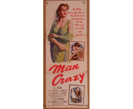 Man Crazy (1953) US insert film poster, folded, 14 x 36 inches.Condition Report:  Damage to edges, some tape, browning. Handl