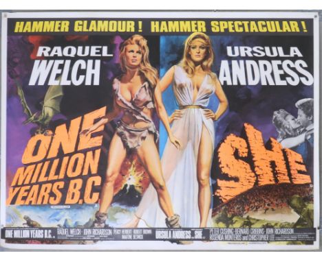 One Million Years BC / She (1968) British Quad film poster, Hammer double bill, artwork by Tom Chantrell, rolled, 30 x 40 inc