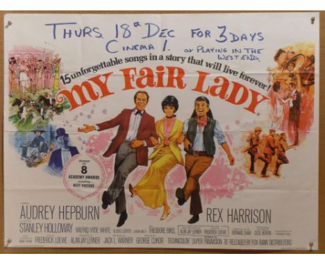 My Fair Lady (R-1970's) British Quad film poster, starring Audrey Hepburn and Rex Harrison, folded, 30 x 40 inches.Condition 