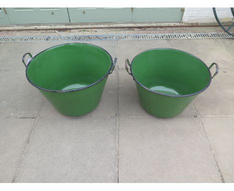 A pair of vintage green enamel food boilers, from Hungary, ideal for garden planters - 66cm diameter with handles - 44cm H 