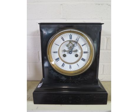 A black slate Victorian mantle clock with exposed escapement - 31cm tall x 29cm x 15cm generally good, small chips to slate w
