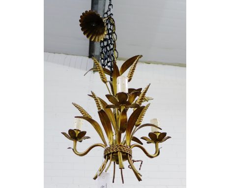 Vintage gilt metal wheat leaf three branch ceiling light 