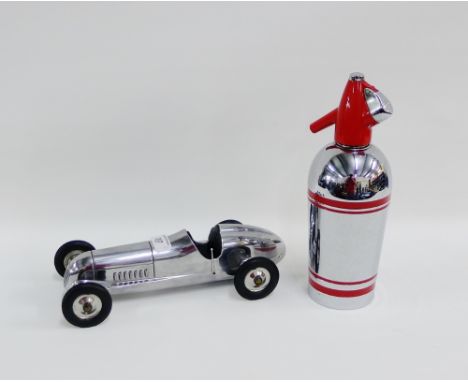 Vintage Sparkletts siphon, together with a chromed metal racing car, 32cm long,  (2) 