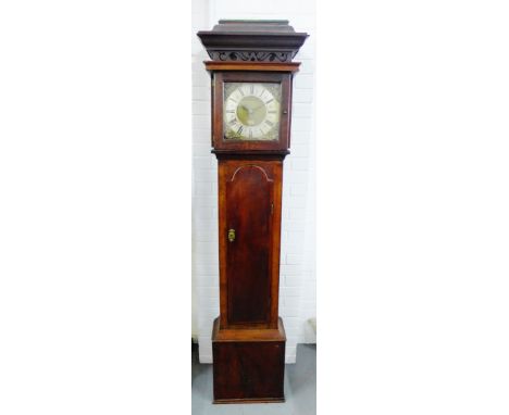 Oak longcase clock with brass dial and inscribed Stringer, Stockport, 210 x 50cm 