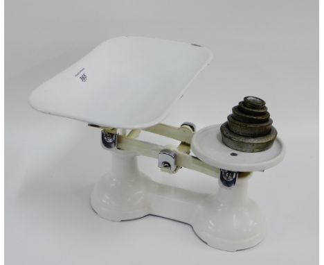 Set of vintage white enamelled scales, complete with weights