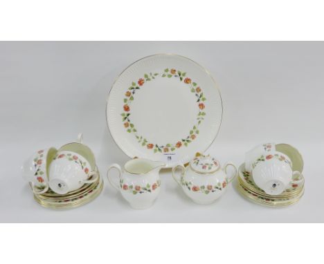 Wedgwood bone china floral patterned teaset, comprising six cups, six saucers, six side plates, twin handled sucrier, milk ju