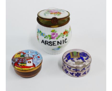 Limoges 'Arsenic' pot together with a 925 silver and enamel trinket box and cover and another (3) tallest 6cm high 