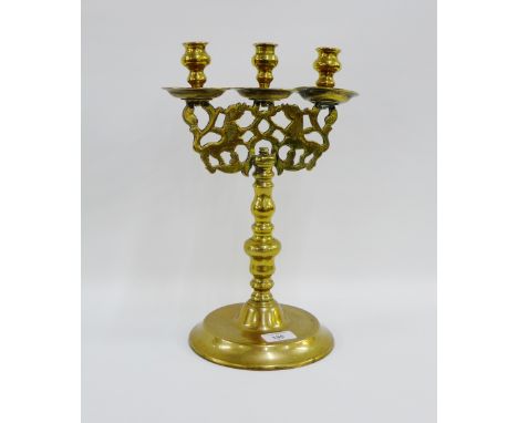 Chinese style brass triple candelabra, 35cm high