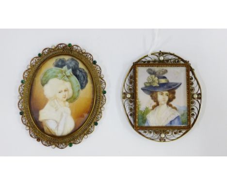 A pair of portrait miniatures of society lady's, each contained within an ornate brass frame with monogrammed initials verso 