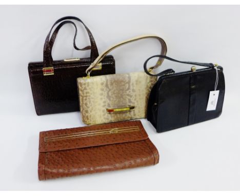 Collection of four ladies vintage leather handbags to include Ostrich and Alligator, (4) 
