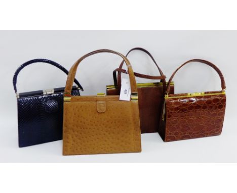 Collection of four ladies vintage leather handbags to include Ostrich and Alligator, (4) 