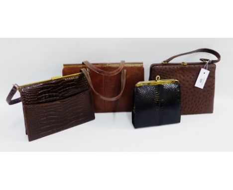 Collection of four ladies vintage leather handbags to include Ostrich and Alligator, (4) 