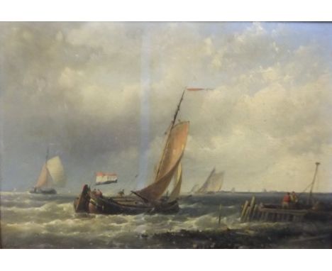 ABRAHAM HULK JUNIOR (1851-1922) "Dutch fishing vessel coming in to shore", oil on panel, signed lower left, 16 cm x 23 cm CON