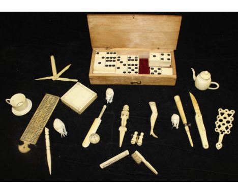 A box containing assorted 19th and early 20th Century carved ivory, to include a carved ivory teapot of plain form, a similar