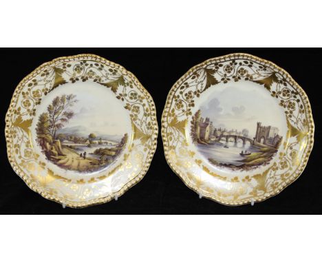 A pair of 19th Century Spode cabinet plates "Barrack and Queen's Bridges Dublin" and "Annamo County of Wicklow", each depicti