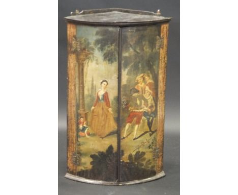 An 18th Century painted and lacquered bow front wall hanging corner cupboard with quarter galleried top and simple moulded ed