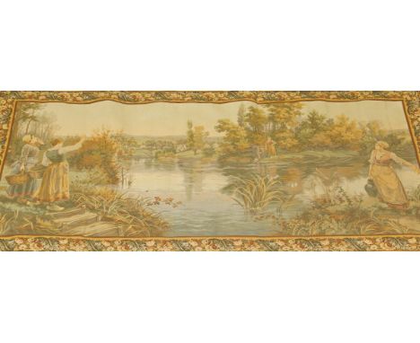 A 20th Century machine woven tapestry in the 19th Century Flemish manner depicting a river landscape with various maidens col