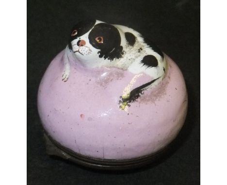 A late 18th Century Bilston enamel patch box of domed form with black and white dog surmount, the base inscribed "Remember he