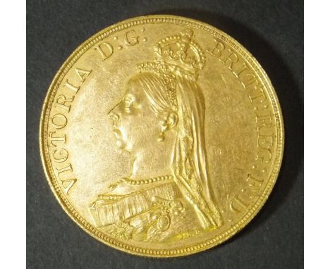 A Victorian 5 pound gold coin 1887, 40g CONDITION REPORTS Some light scratches and wear, especially to the edges of the coin.