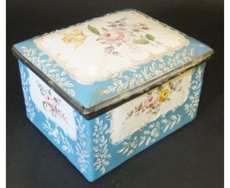 A late 18th Century Bilston enamel type patch box, the blue ground decorated with white enamel floral sprays and white panels