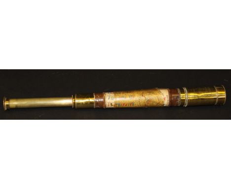 A Victorian lacquered brass and leather bound single draw telescope by W E & F Newton, 3 Fleet Street, London with additional