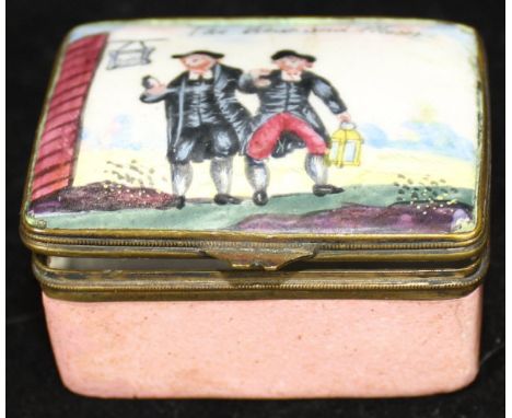 A late 18th Century Bilston type enamel patch box, the top decorated with two figures outside a building, inscribed "The Vica