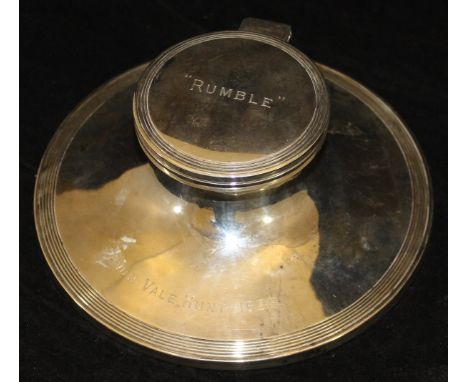 A silver capstan inkwell, the top inscribed "Rumble", the base inscribed "Avon Vale Hunt 1929!" (by Walker & Hall, Sheffield,