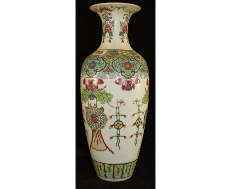 A 19th Century Chinese polychrome decorated vase with flared rim, the main body decorated with flowers, lanterns and vases, 3