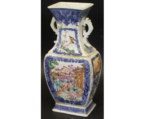A Chinese Qianlong blue and white vase of rectangular baluster form, decorated in the Mandarin palette with panels depicting 