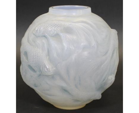 A Lalique "Formose" pattern vase of globular form, relief decorated with swimming fish, tinted in pale blue, inscribed to bas